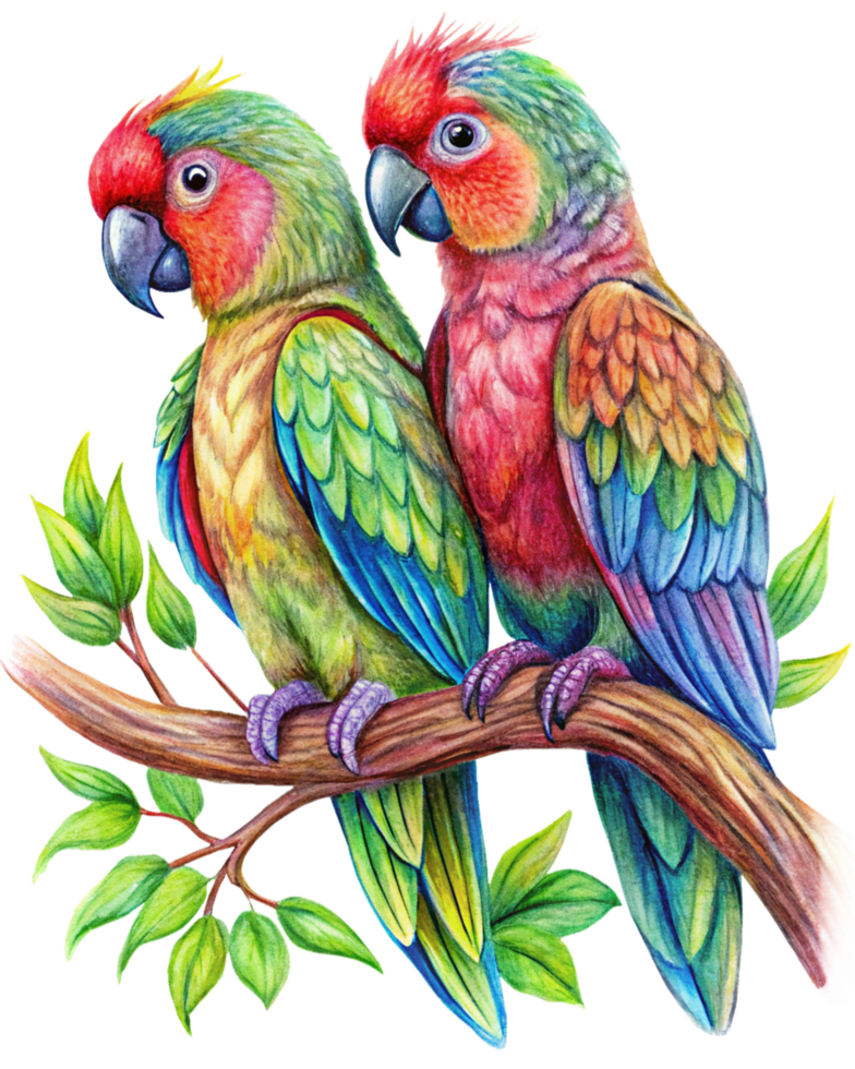 Romantic parrot pair snuggling on a curvy fairytale-inspired tree branch in transparent background png
