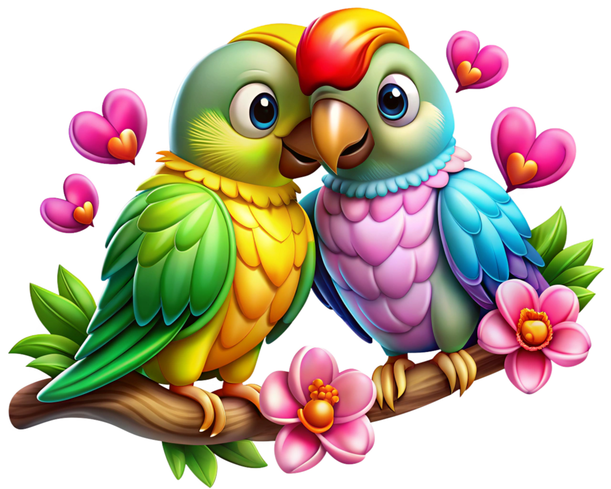 Cute and cozy parrot lovers resting on a curvy whimsical tree branch in transparent background png