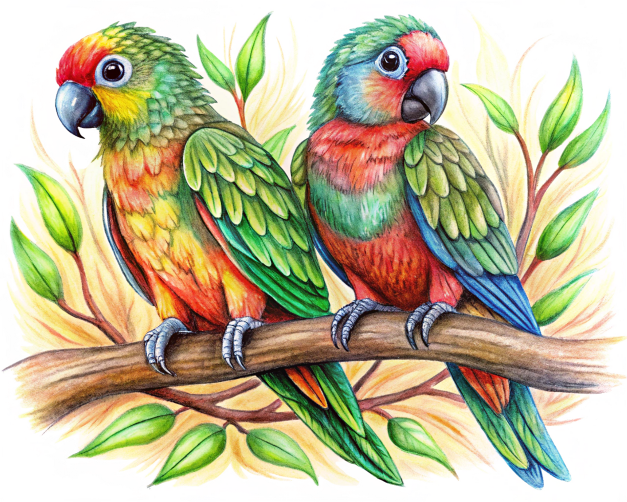 Lovebird parrots sitting closely on a charming tree branch in transparent background png