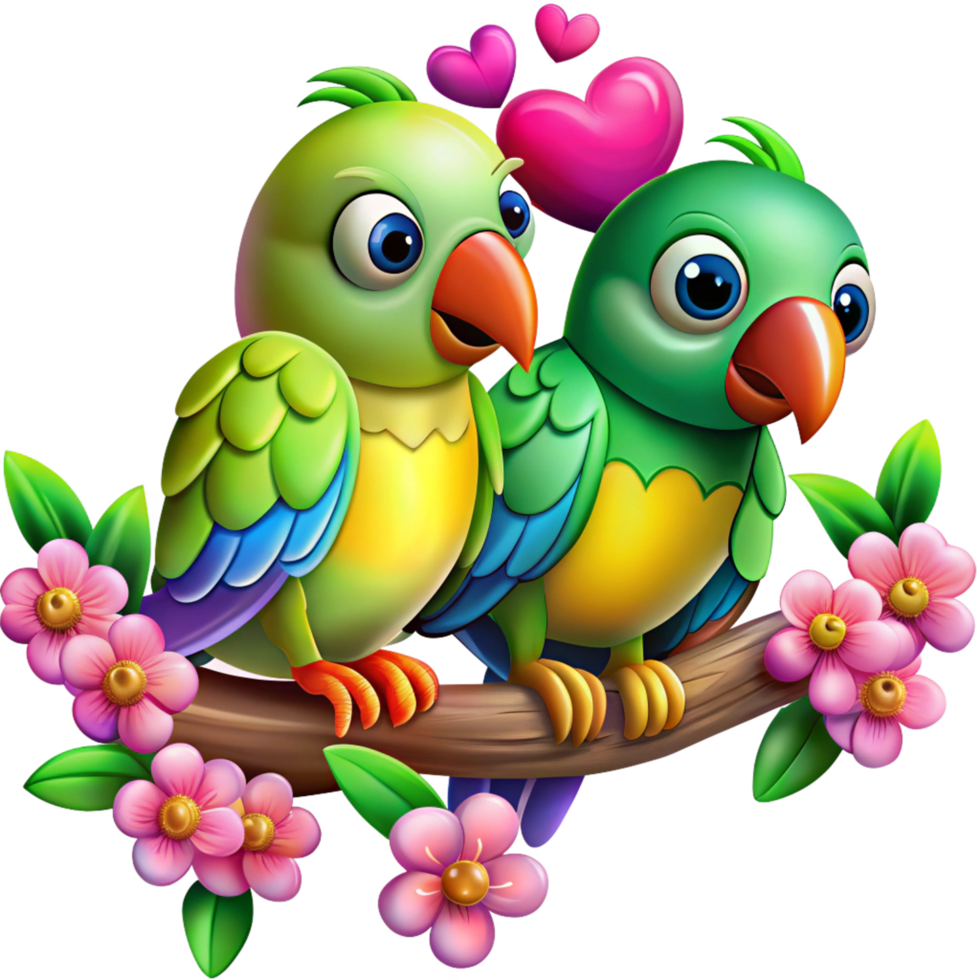 Affectionate parrots enjoying the night on a whimsical tree branch in transparent background png