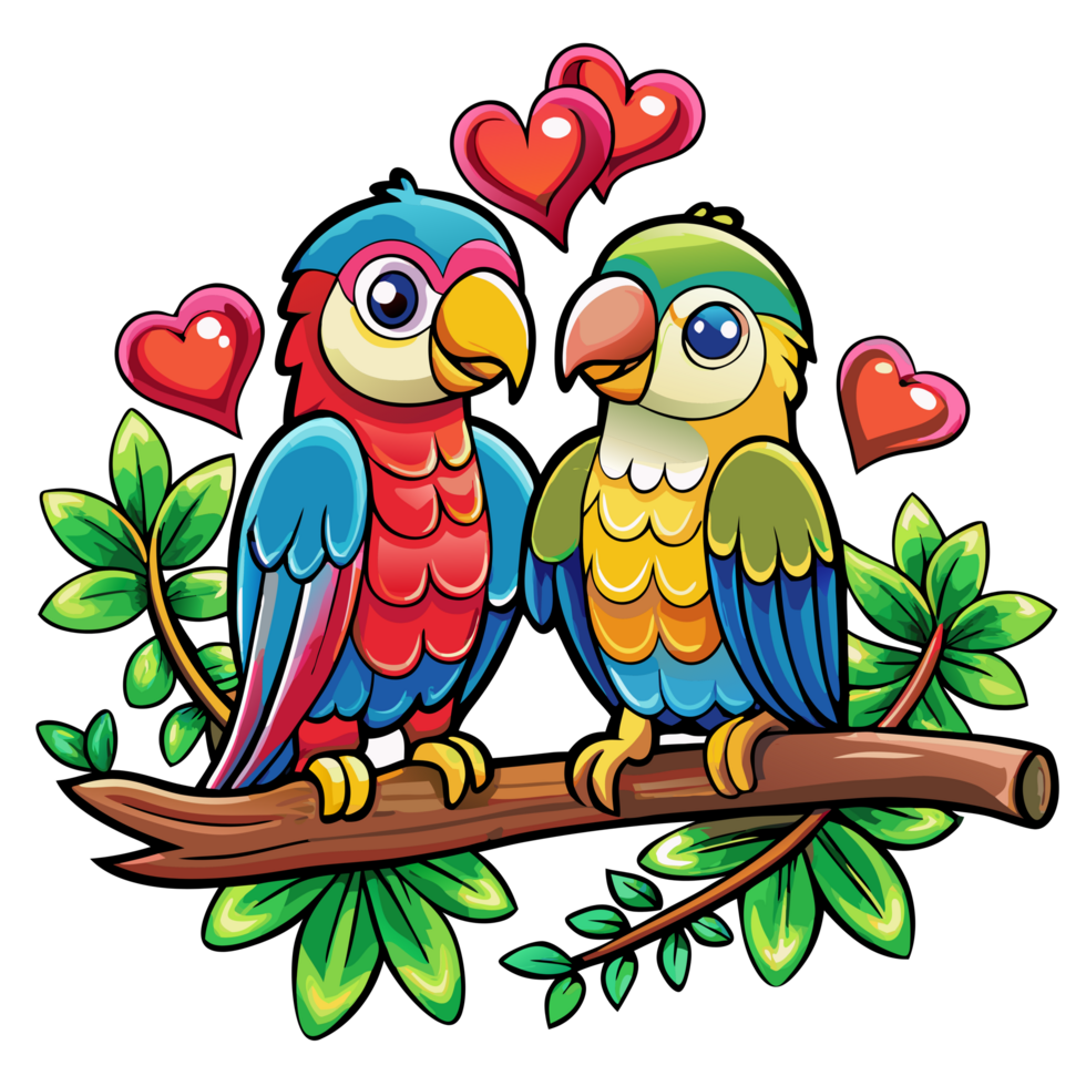 Two affectionate parrots gazing at each other on a curvy tree branch in transparent background png