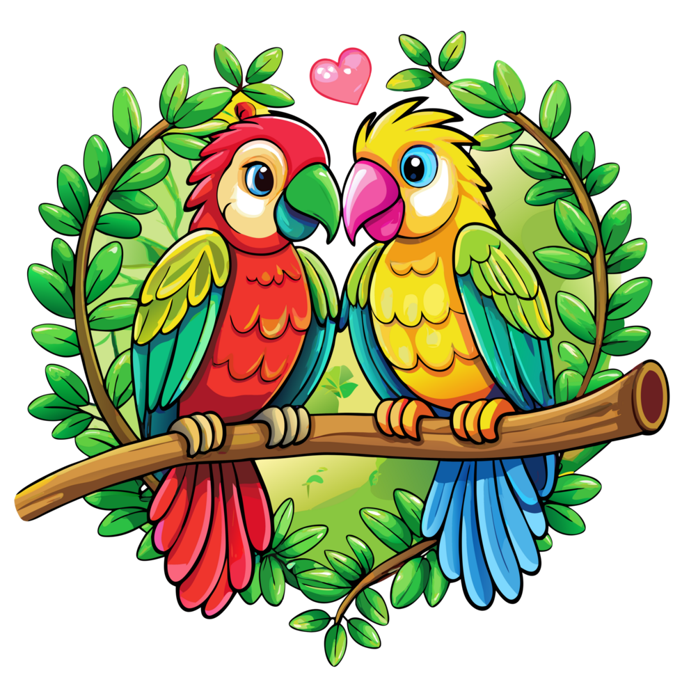 Romantic parrot duo enjoying the moment on a whimsical tree branch in transparent background png