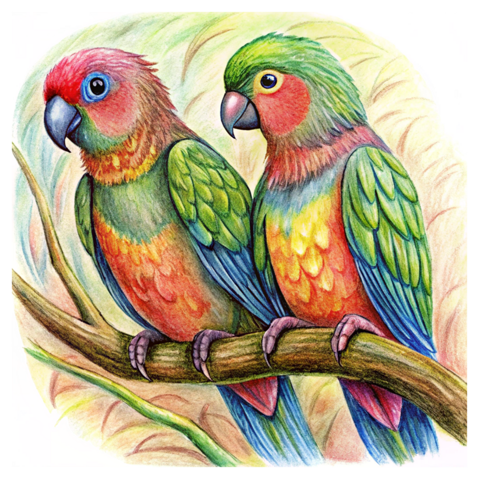 Cute and cuddly parrots enjoying a peaceful moment on a whimsical branch in transparent background png