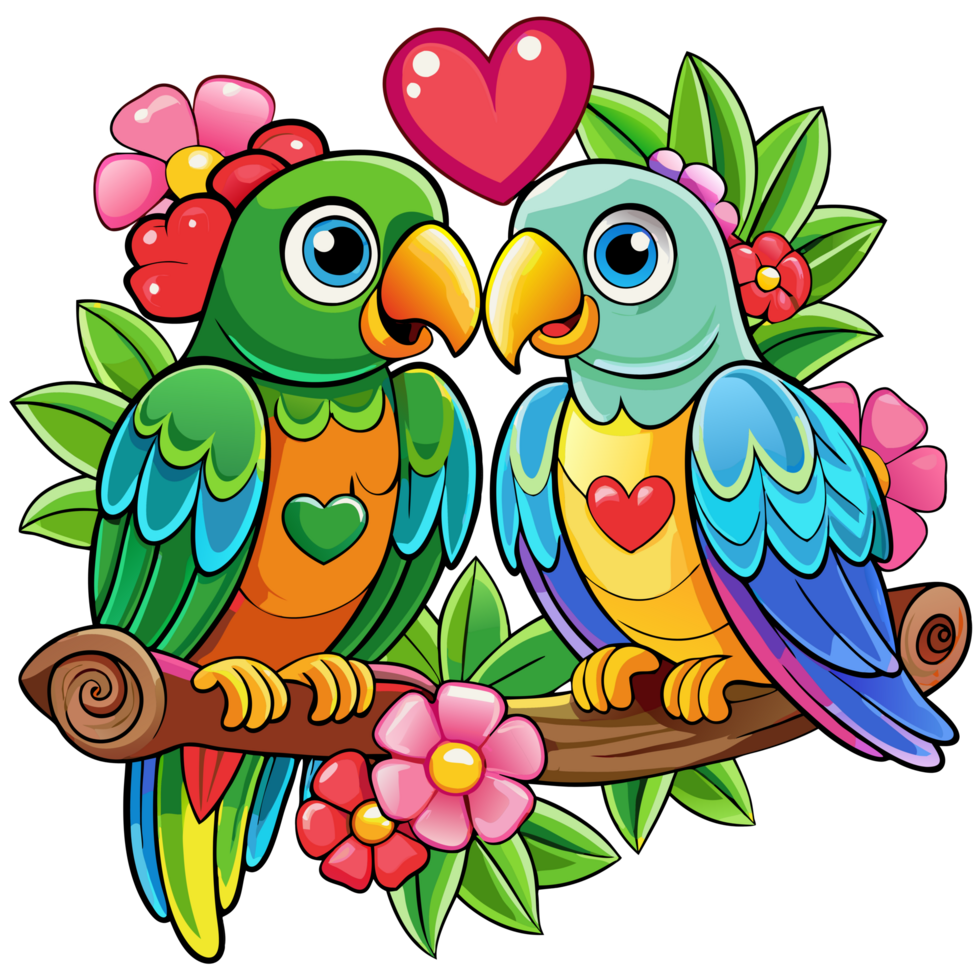 Loving parrots resting on an artistic tree branch in transparent background png
