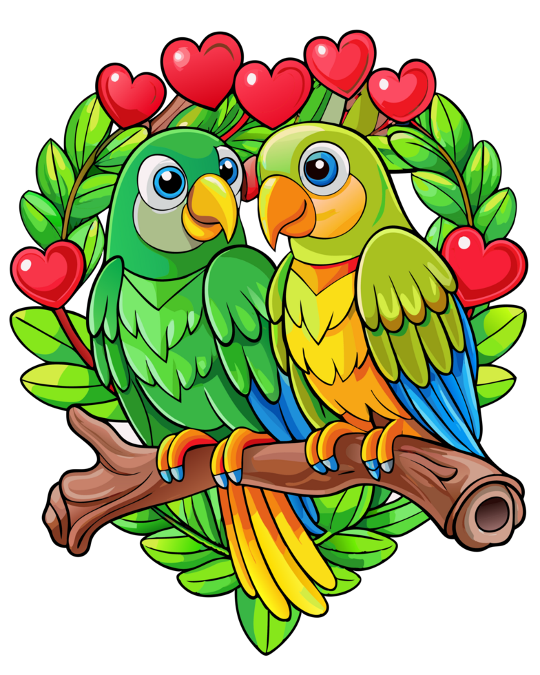 Two affectionate parrots sharing a moment on a whimsical branch in transparent background png