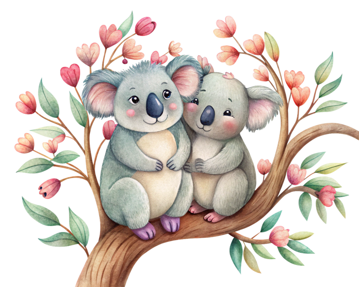 Romantic koalas sitting closely on a fairytale-inspired whimsical branch in transparent background png