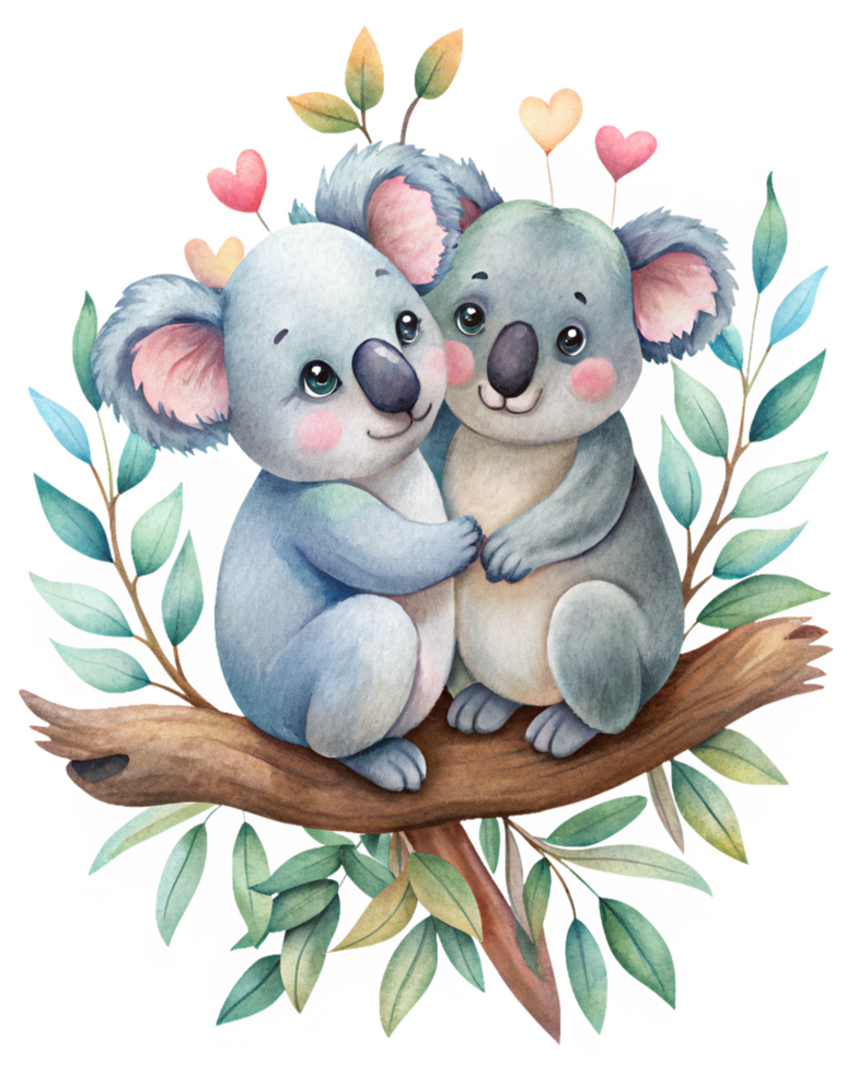 Love-struck koala duo perched gracefully on a unique tree branch in transparent background png