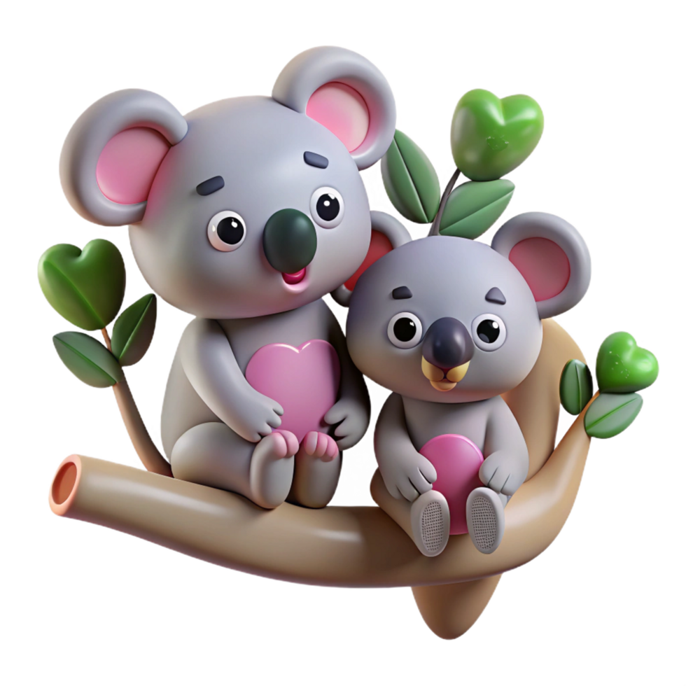 Two charming koalas resting closely on a beautifully designed branch in transparent background png