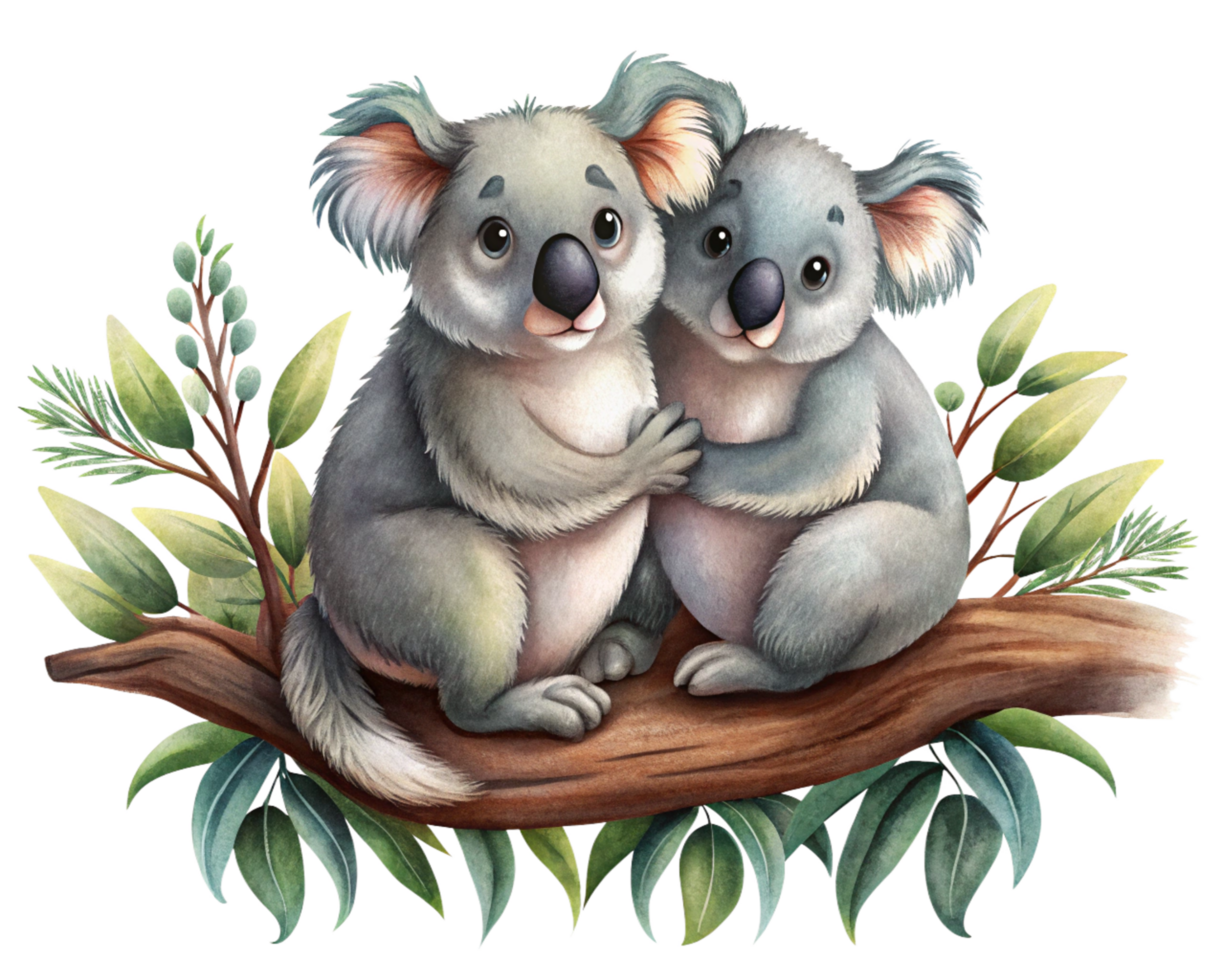 Two affectionate koalas cuddling under the stars on a fairytale branch in transparent background png