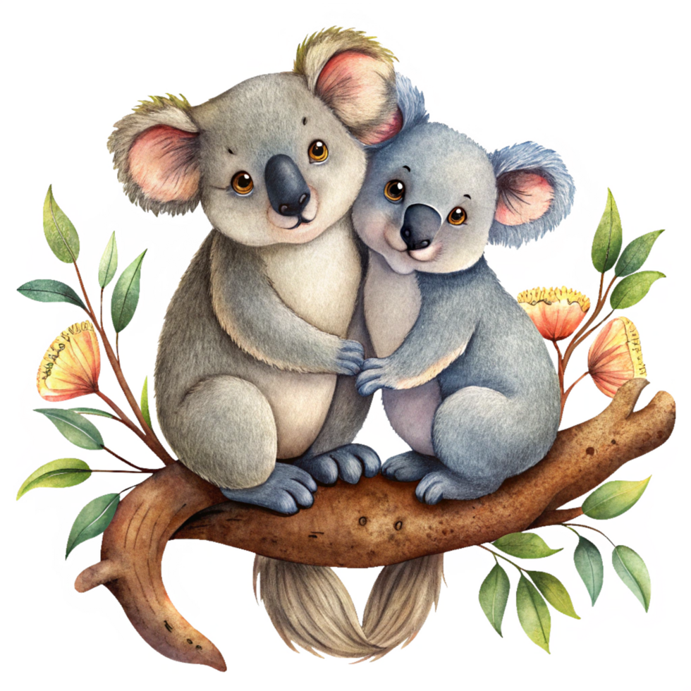 Romantic koalas resting together on a gracefully curved artistic branch in transparent background png