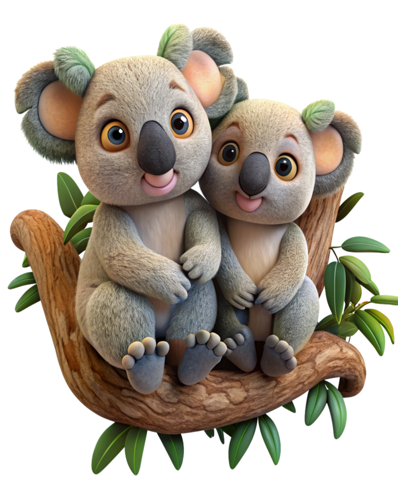 Romantic koala duo sharing affection on a beautifully crafted tree branch in transparent background png