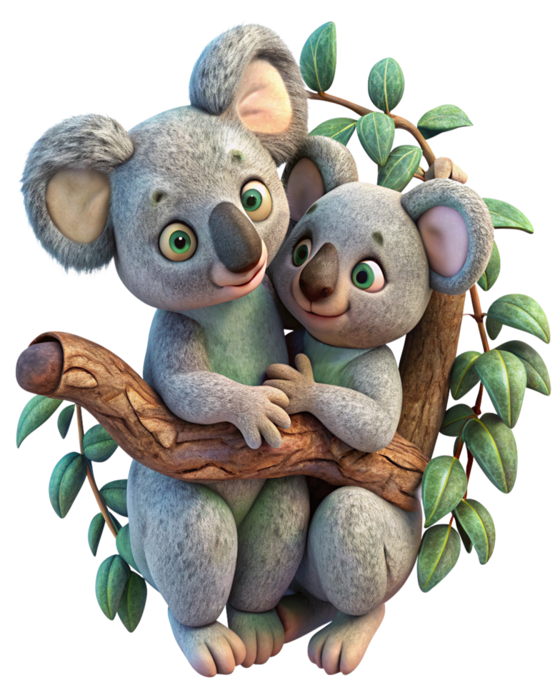 Sweet koala couple enjoying romance on a gracefully curved tree branch in transparent background png