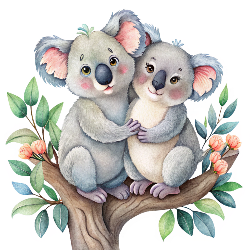 Fantasy-themed tree branch with two adorable romantic koalas in transparent background png