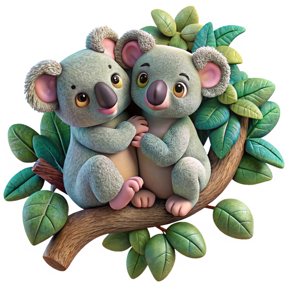 Romantic koalas perched gracefully on an artistic curved tree branch in transparent background png