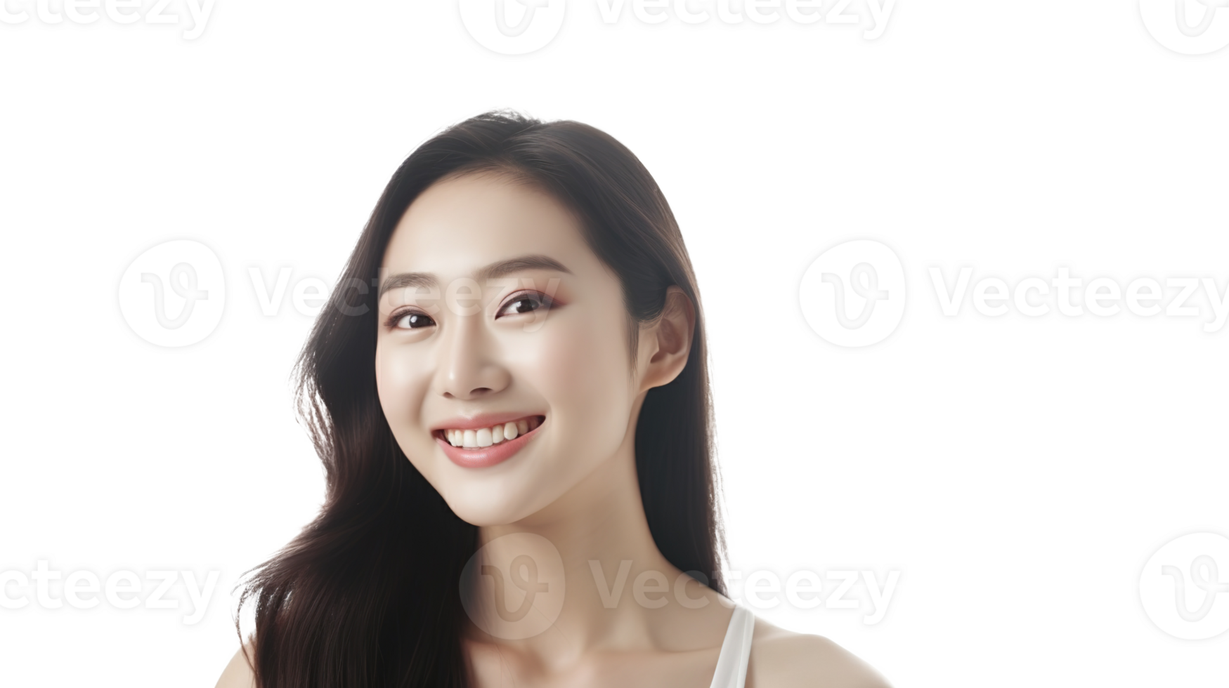 Radiant Asian Woman Smiling with Glowing Skin and Copy Space on Transparent Background png