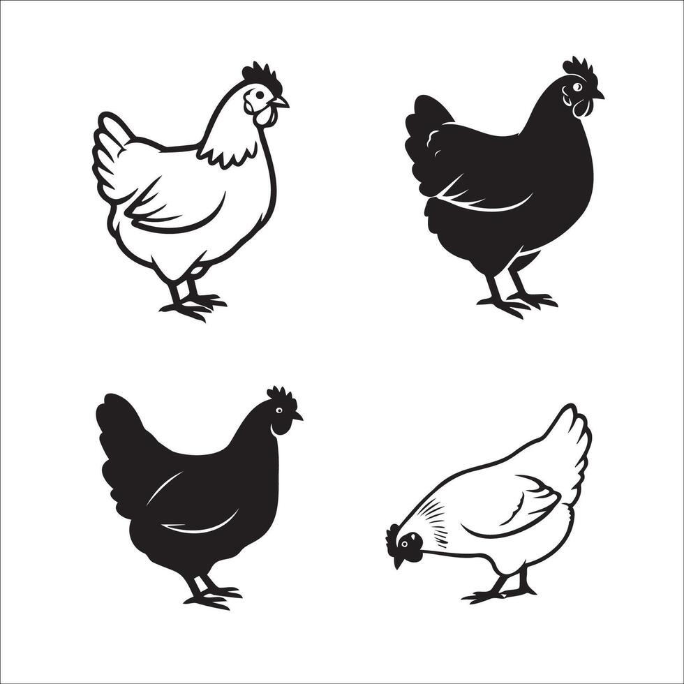 Four black and white chickens on a white background vector