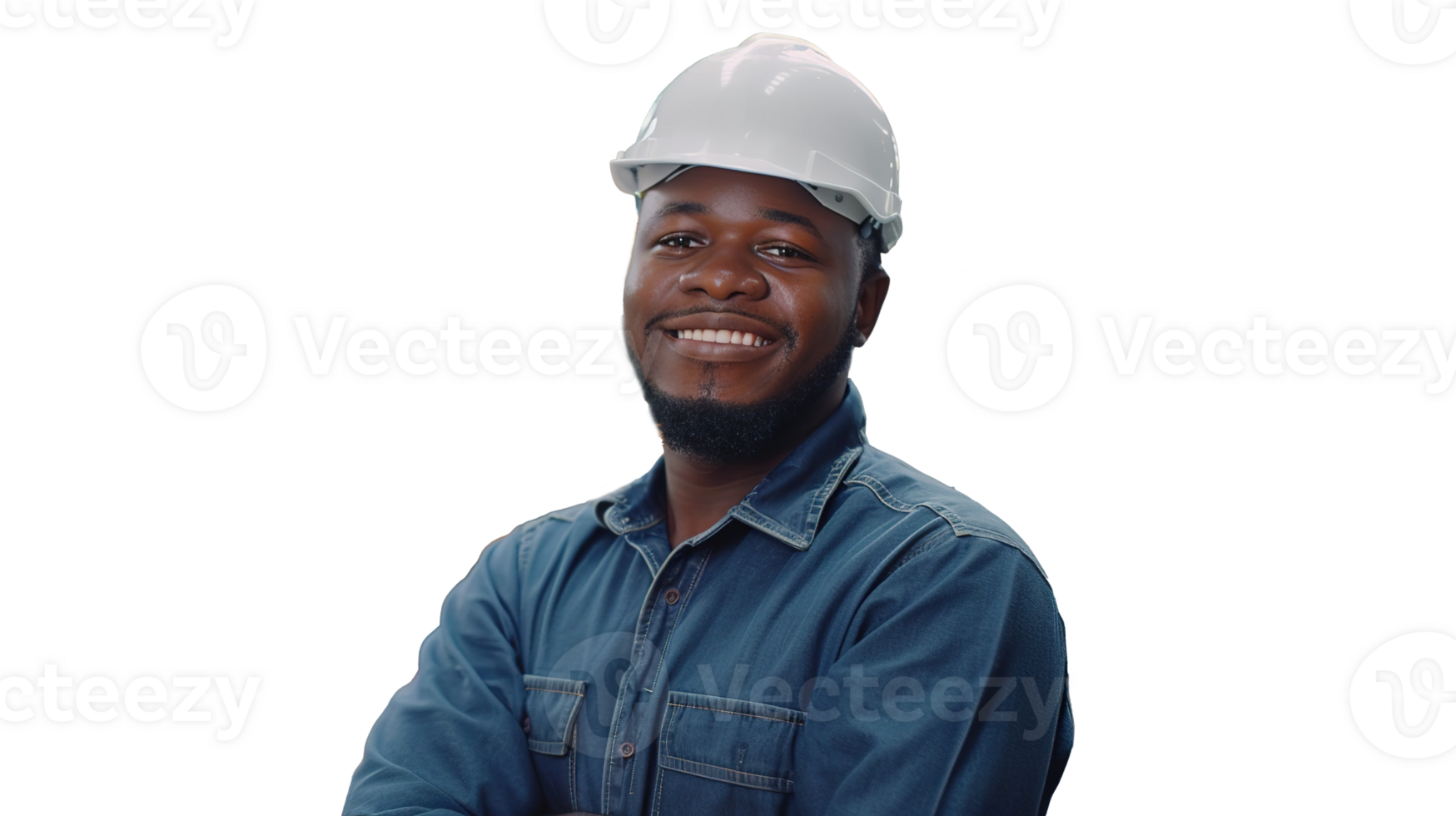 Cheerful Black African American Factory Worker on Transparent, Wearing Hard Hat and Work Uniform on Production png