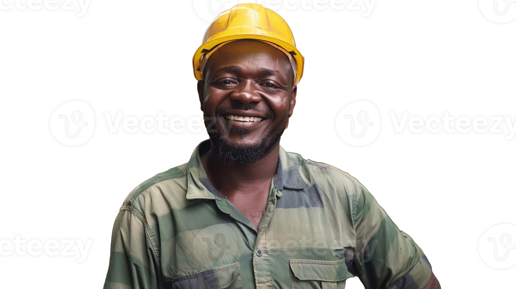 Happy Black Factory Construction Worker Isolated on Transparent, Wearing Protective Workwear and Helmet png