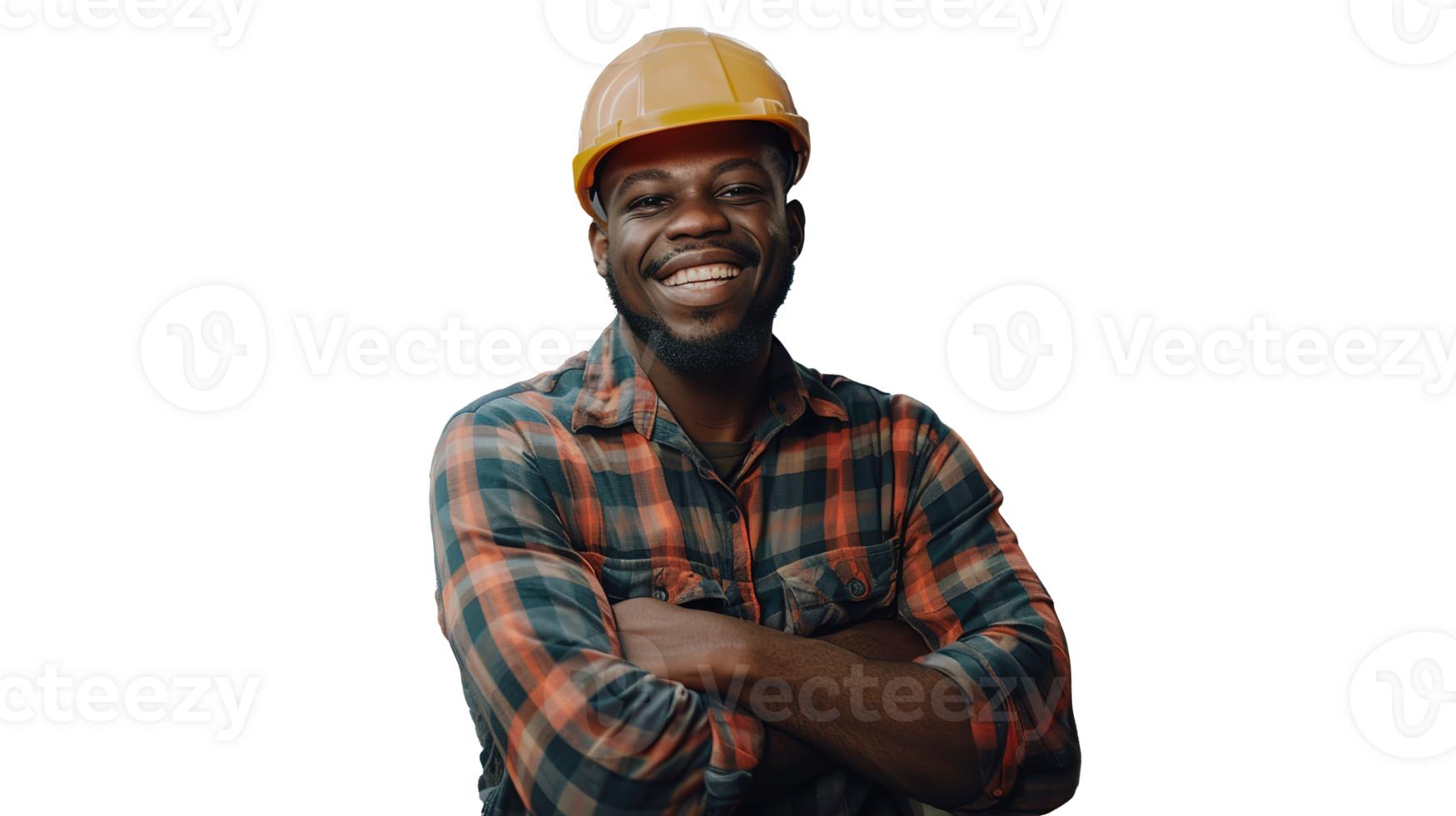 Cheerful Black African American Factory Worker on Transparent, Wearing Hard Hat and Work Uniform on Production Line png