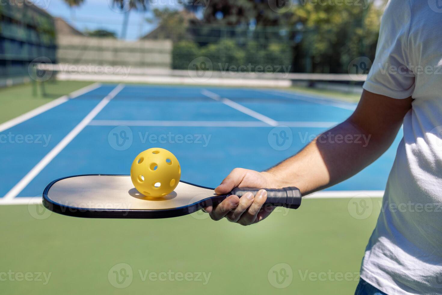 Close-up of a male hand holding a pickleball paddle and a yellow ball with holes photo