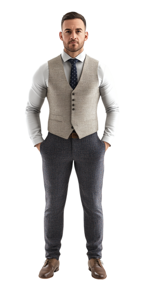 a man in a vest and tie standing in front of a transparent background png