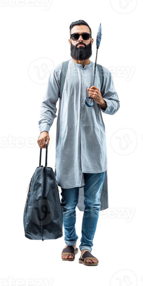 a man with a beard and a bag is walking with a suitcase png