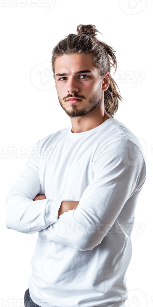 a man with a ponytail and a white shirt png