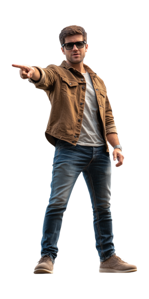 a man in jeans and jacket pointing at something png