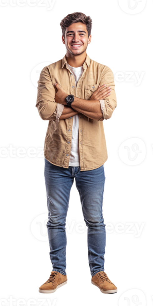 a man in a tan shirt and jeans standing with his arms crossed png