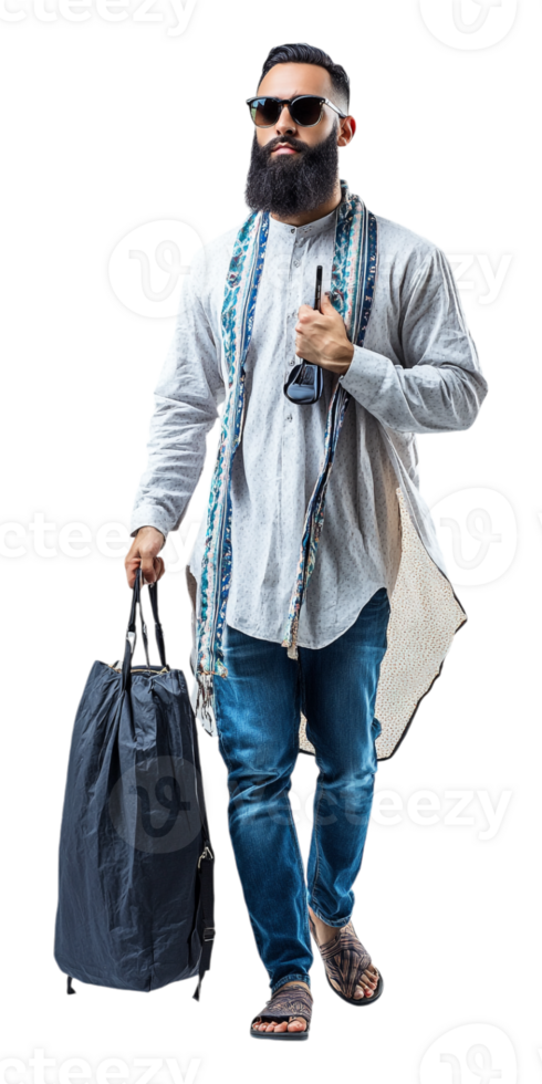 a man with a beard and sunglasses is walking with a bag png