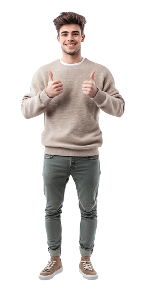 a man in a sweater and pants giving the thumbs up png