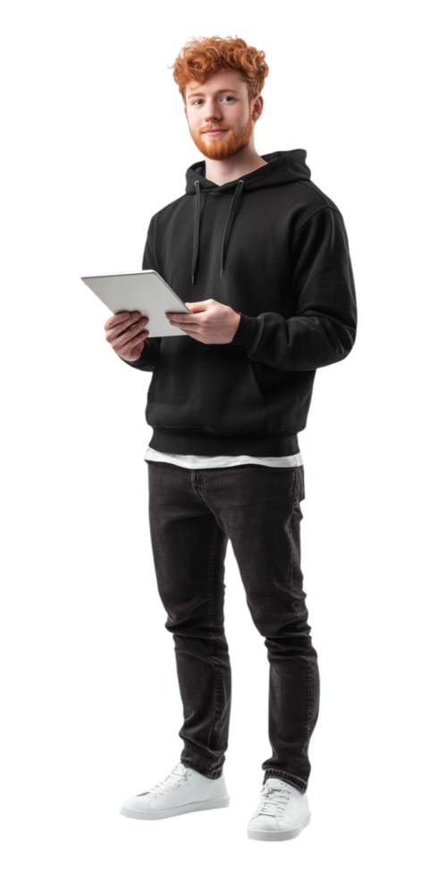 a man in a hoodie and jeans holding a tablet png