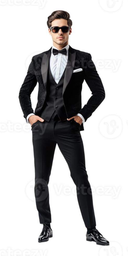 a stylish man in a tuxedo and sunglasses png