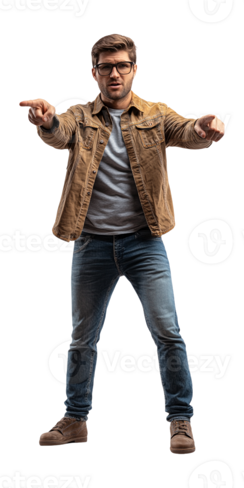 a man in jeans and a jacket pointing at something png