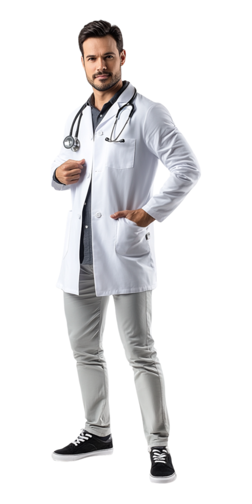 male doctor standing with his hands on his hips png