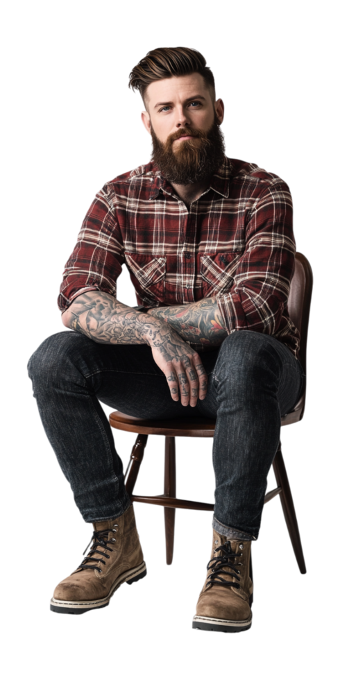 a bearded man sitting on a chair with a tattoo png