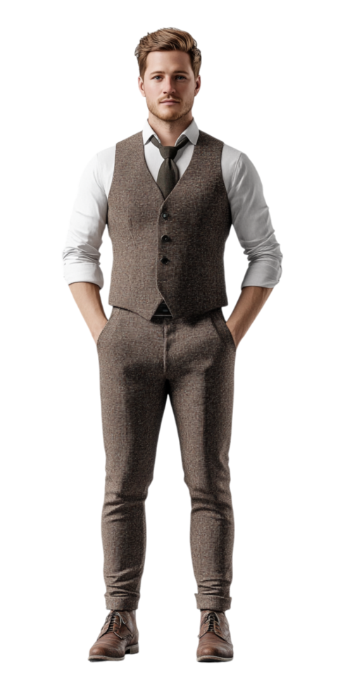 a man in a brown vest and tie standing png