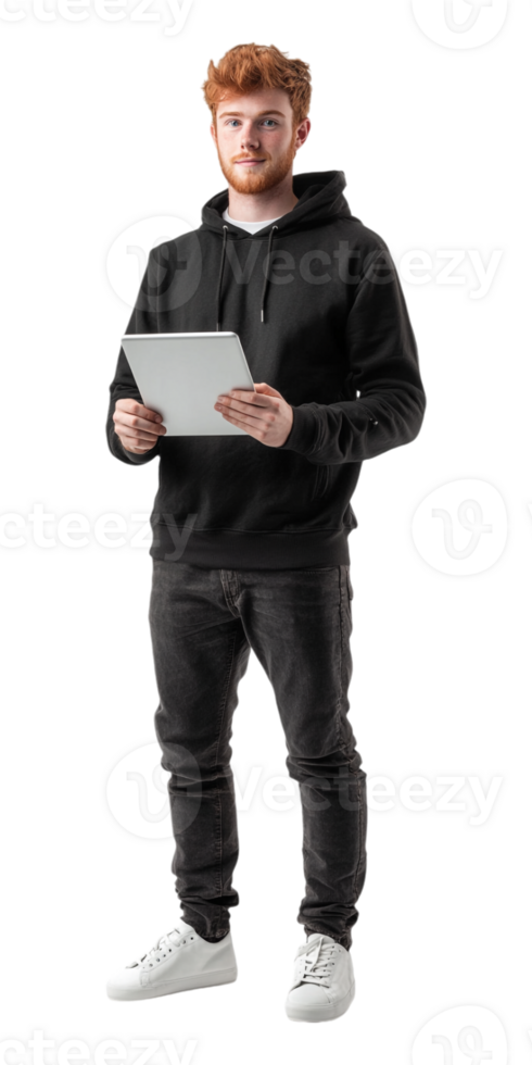 man in a hoodie holding a tablet computer png