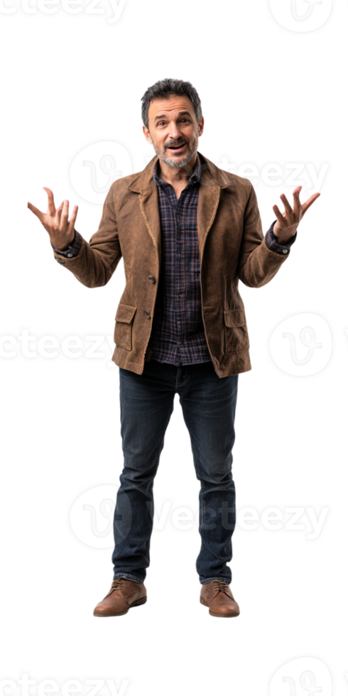 a man in a brown jacket and jeans is standing with his hands out png