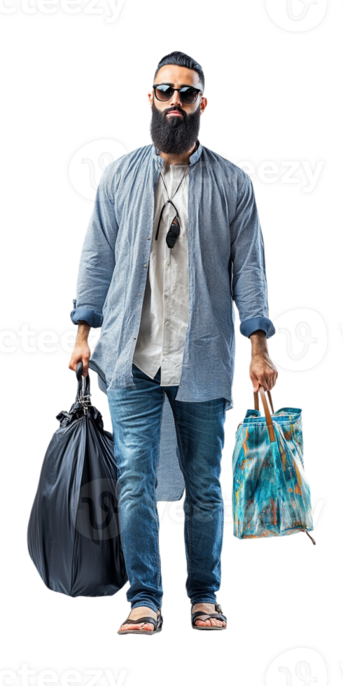 a man with a beard and sunglasses carrying a bag and a bag png