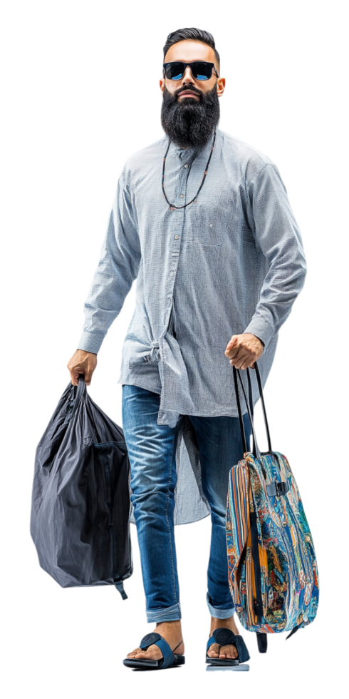 a man with a beard and sunglasses carrying a bag png