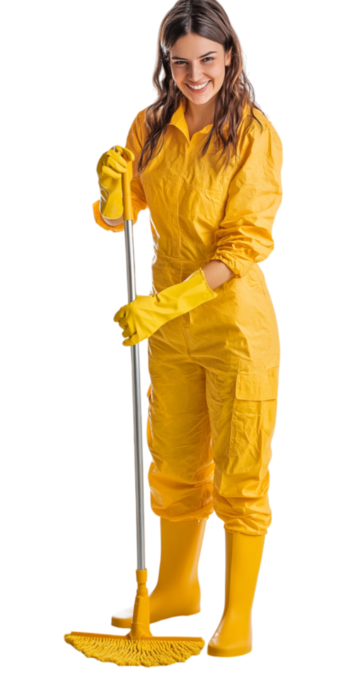 a woman in yellow cleaning uniform holding a broom png