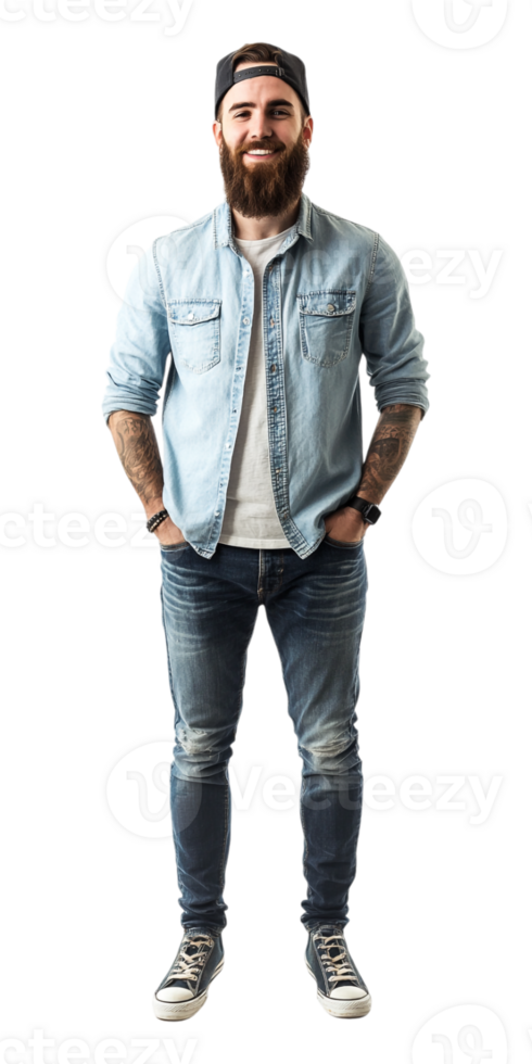 a bearded man in jeans and a denim jacket png