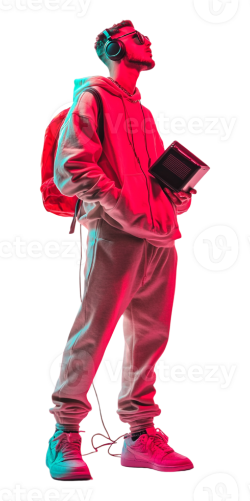 a man in a hoodie and headphones holding a tablet png
