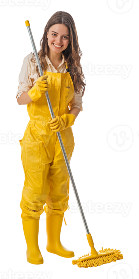 a woman in yellow overalls holding a mop png