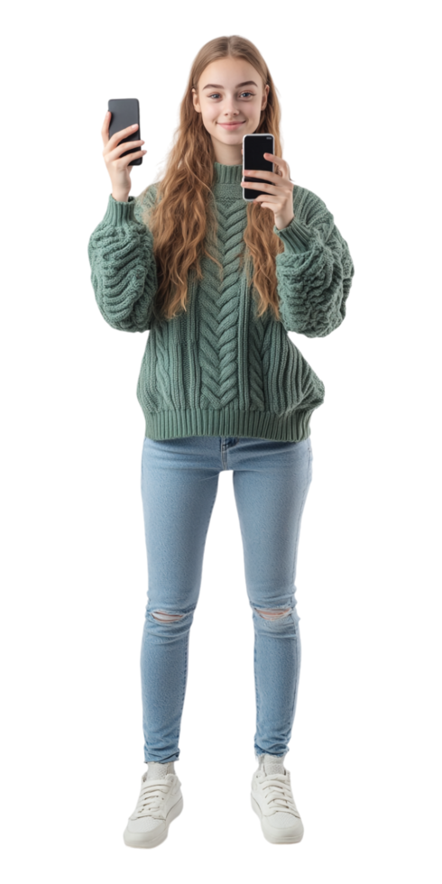 a girl in a green sweater and jeans is holding a cell phone png