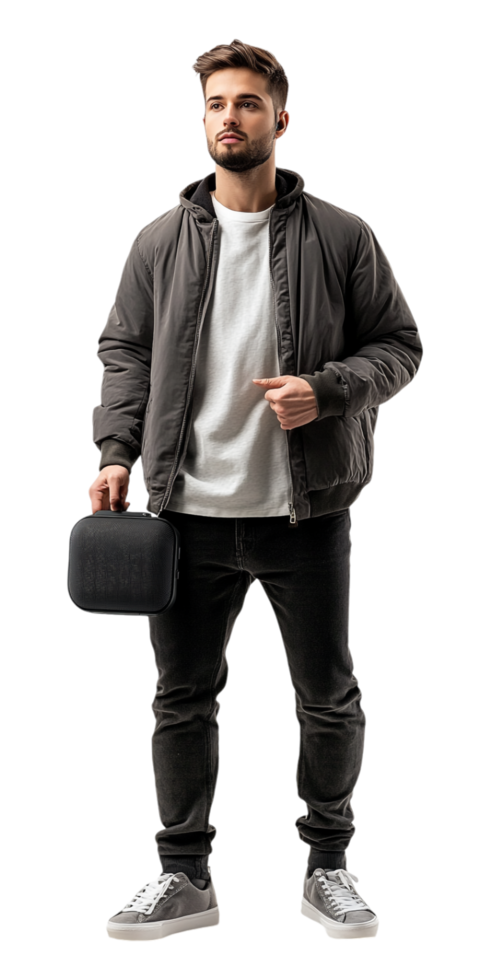 man in jacket holding a bag png