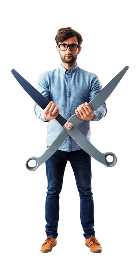 man holding scissors and scissors on transparent background png