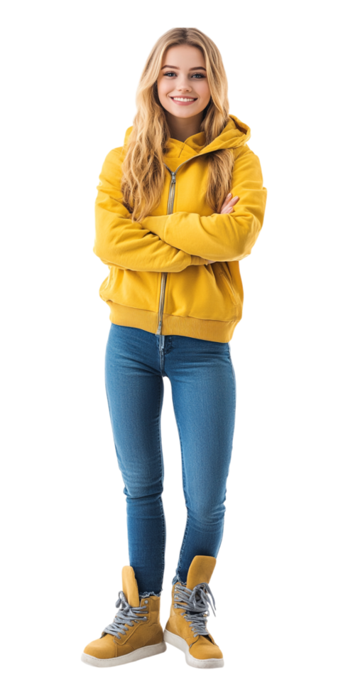 girl in yellow jacket and jeans standing with her arms crossed png