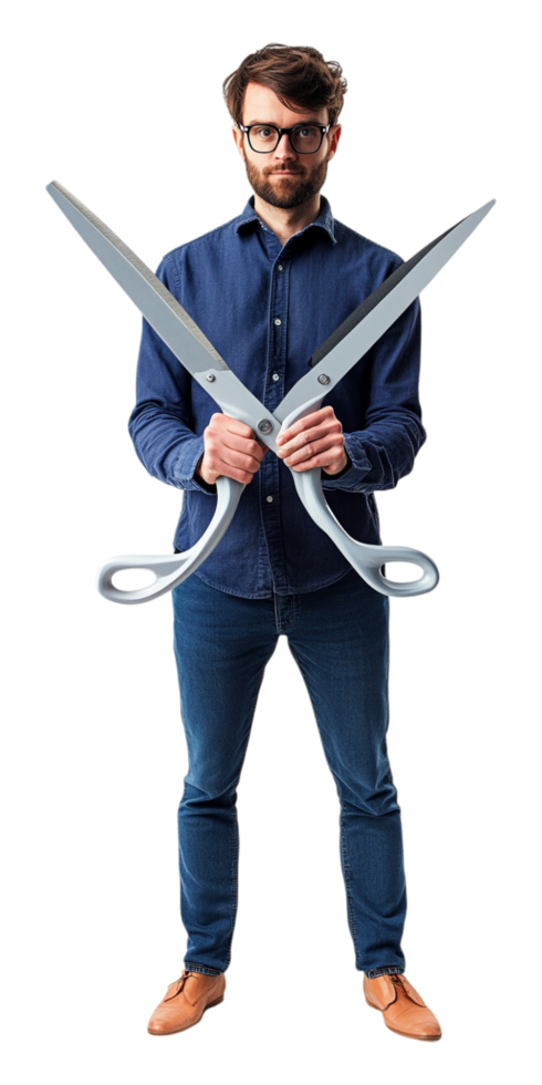 man holding scissors on transparent background png